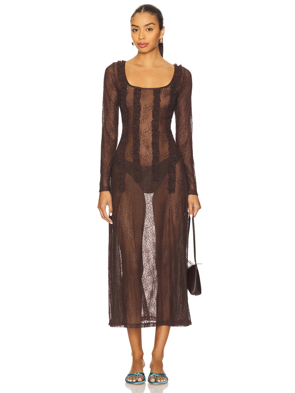 DAMSON MADDER RAPHI LACE MIDI DRESS IN COFFEE - Picture 16 of 17